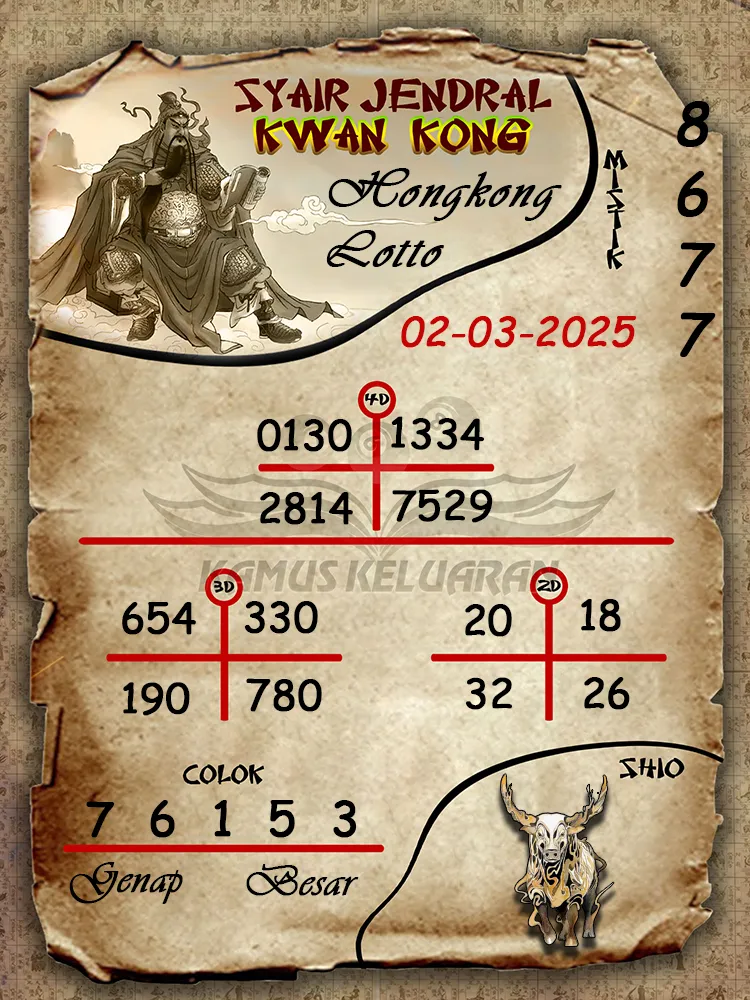 syair jendral kwan kong hongkong lotto 02 03 2025